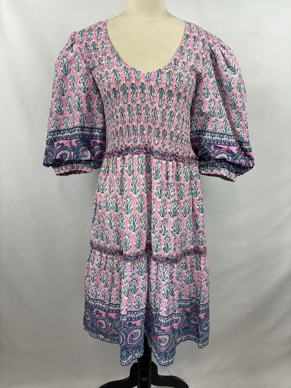Lola Australia Athena Nap Dress Pink Blue Floral XS 8 AU Smocked Puff Sleeves